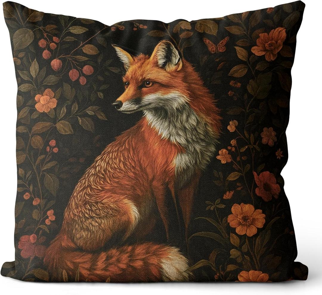 Vintage Dark Floral Fox Pillow Covers 18x18, Dark Cottagecore Decor, Moody Floral Botanical Fox Wild Animal Decorative Pillow Covers for Living Room Bedroom Home