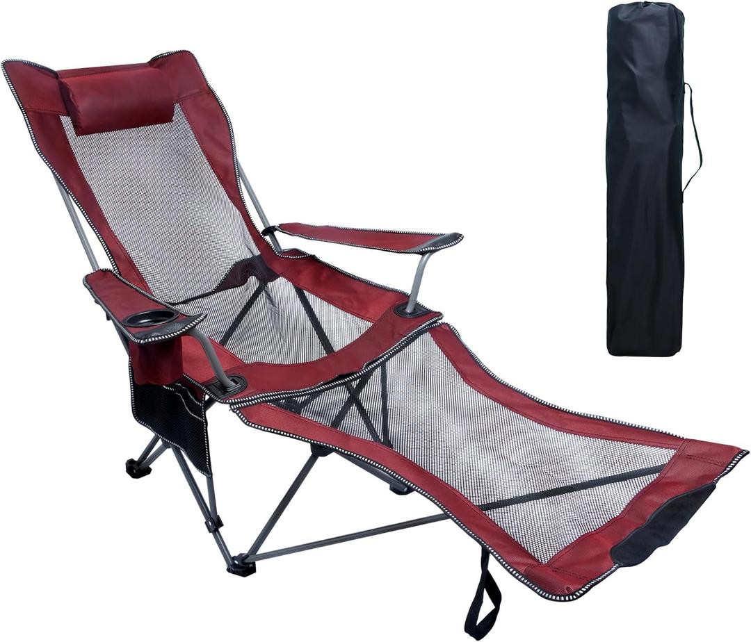 NURTUDIS Camping Lounge Chair,Folding Reclining Camping Chair, Portable Camping Chair with Footrest,Storage Bag & Headrest, Mesh Recliner, 330lbs Weight Capacity