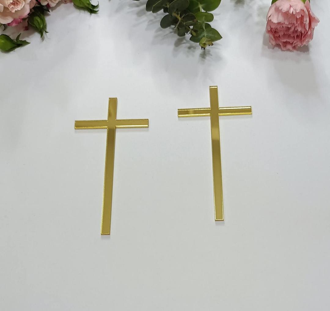 12pcs Slim Acrylic Cross Cake Charm, Christening Baptism Confirmation, Gold Mirror Acrylic Cross Cake Decoration (4'')