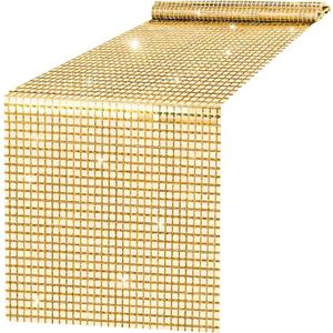 Champagne Gold Sequin Disco Table Runner 12 x 108 Inches Mirror Glitter for Wedding Birthday Bachelorette Valentine's Day 70s 80s Theme Party Decorations