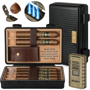Travel Cigar Humidor, Portable Cedar Wood Lined Cigar Box, Waterproof Anti Pressure Sealed Cigar Storage Case, With Humidifier and Cigar Lighter Set, Can Holds 6 Cigars(Butane Not Included)