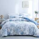 BOLINLIVING Floral Duvet Cover Queen Size 3 Pieces, Flower Duvet Cover with 2 Pillow Shams, Soft Floral Bedding Set White and Blue for All Season, Breathable, Zipper Closure (Queen(90" x 90"))