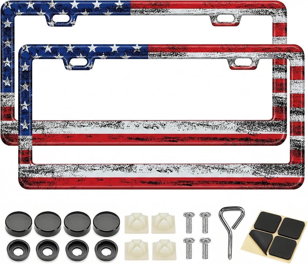 License Plate Frame, American Flag Universal Car Plate Holder | 2 Pack Aluminum Patriotic License Plate Cover,Standard USA License Plate Frame with Screws for Women Men Car Accessories