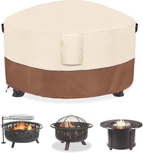 Dalema Fire Pit Cover,Outdoor Heavy Duty 600D 100% Waterproof Fire Pit Cover Round,Weatherproof Firepit Covers Round 44" Dia x 24" H,Beige & Brown