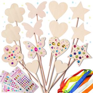 WUBOMJIO Princess Fairy Wands Craft Kit, Kid Birthday Party Supplies Make Your Own Magic Wands Include Unfinished Wooden Fairy Wands, Gem Stickers, Ribbons, Ideal for Kids 6+(14 PCS)