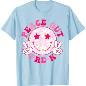 Peace Out Pre-K Teacher Student Groovy Last Day of School T-Shirt (Baby Blue, M)