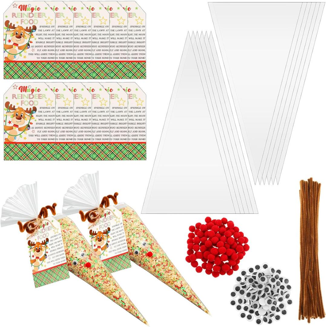 Harloon 100 Sets Magic Reindeer Food Christmas Treat Bag with Tag and Pompom Twister Christmas Party Favor Goodie Cone Bags with Labels Twist Ties Plastic Reindeer Food Bags for Xmas Gift Wrapping