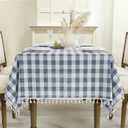 Romanstile Checkered Tablecloth Rectangle, Outdoor Waterproof Linen Cotton Gingham Table Cloth with Tassel, Heavy Duty Wrinkle Free Buffalo Plaid Table Cover for Dining Kitchen - 55 x 70 Inch, Blue
