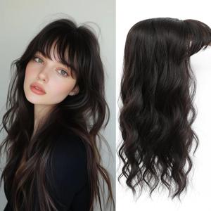 Hair Topper, Big Base 360 3D Hair Toppers for Women with Thinning Crown, 20 Inch Long Curly Wavy Hair Pieces with French Part Clip in Bangs for Daily Use Parties