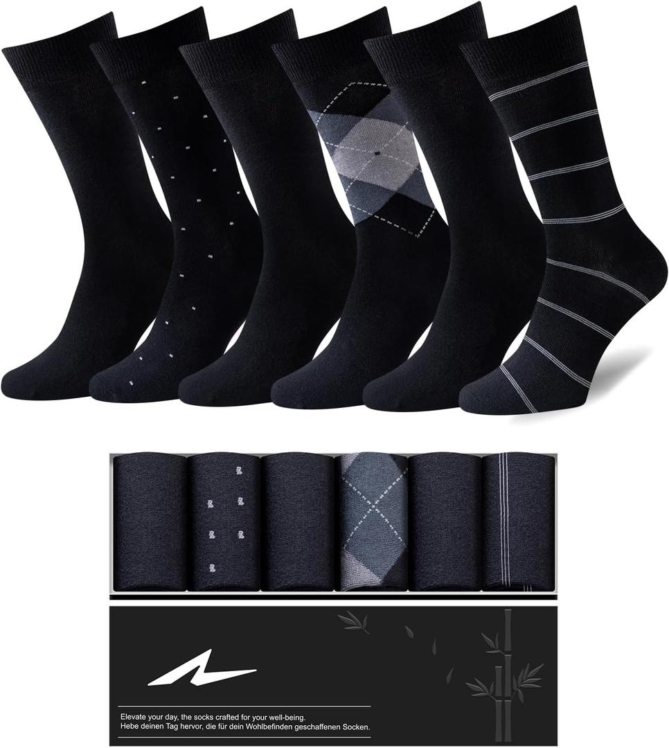 Niorasen Mens Dress Socks, 6 Pairs Soft Breathable Bamboo Rayon, Classic Mid Calf Socks for Men with Box,Valentines Day (10-13, Black&gray Pattern)