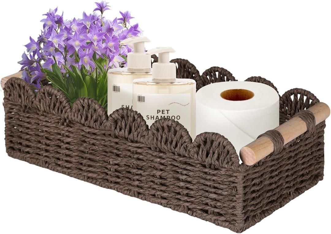Toilet Paper Storage Basket, Small Wicker Baskets for Storage, Scalloped Narrow Rattan Storage Basket for Shelves, Toilet Tank Top Organizer for Bathroom, Bedroom, Nursery Room Decor, Coffee