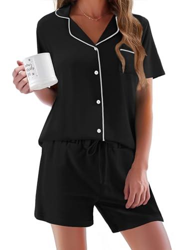Ekouaer Pajamas Set for Women Short Sleeve Sleepwear Button Down Pjs Soft 2 Piece Lounge Sets Black X-Small