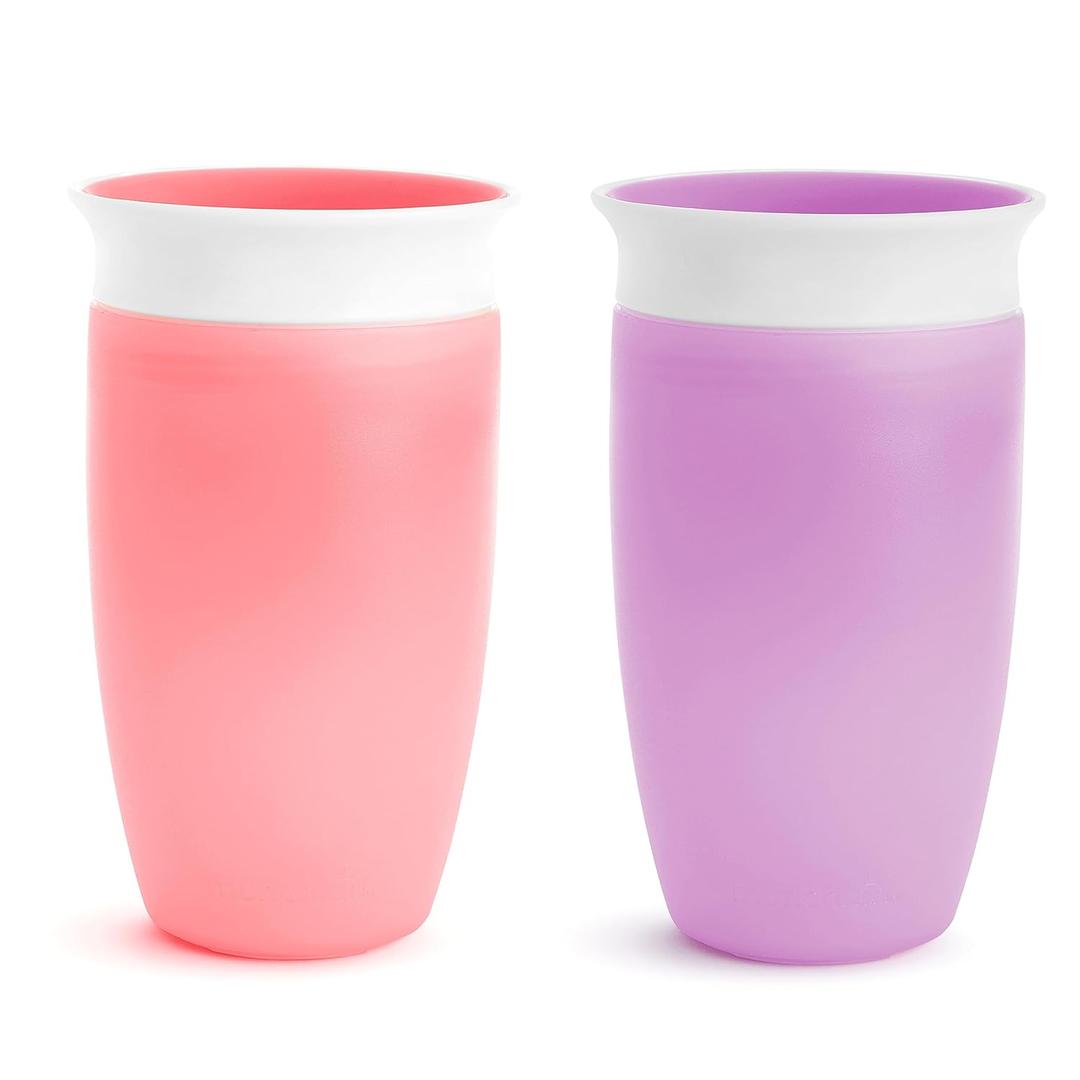 Munchkin Sippy Cups for Toddlers 1-3, Spill Proof Miracle 360 Cup, 10 Ounce, 2 Pack, Pink/Purple