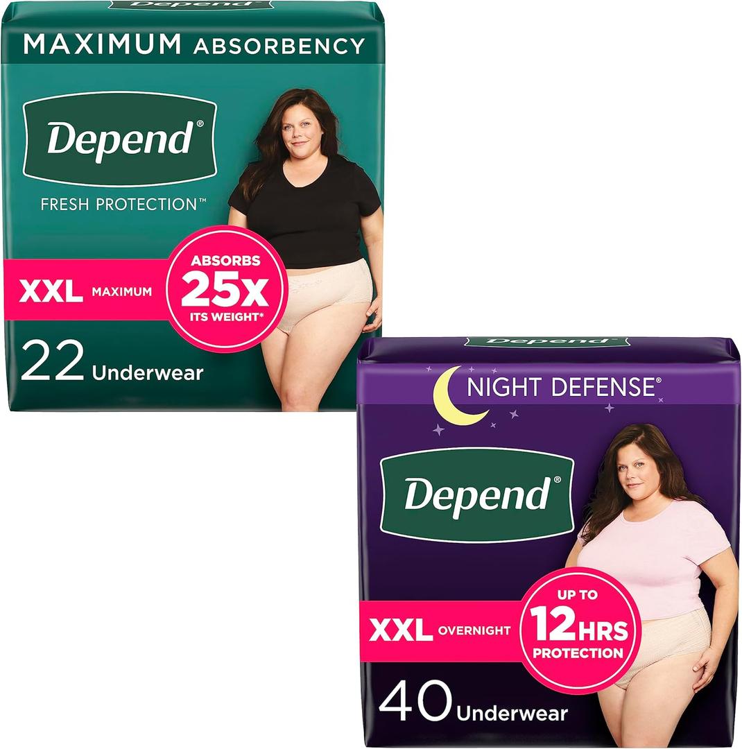 Adult Incontinence Underwear Bundle: Depend Fresh Protection Underwear for Women, Maximum, XXL, Blush, 22 Count and Depend Night Defense Underwear for Women, Overnight, XXL, Blush, 40 Count
