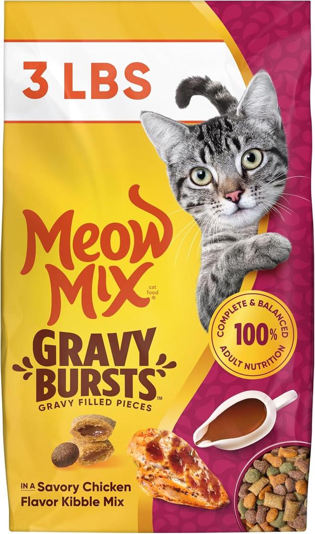 Meow Mix Gravy Bursts, Savory Chicken Flavor Mix, Gravy Filled Dry Cat Food, 3 lb. Bag (EXP 10/08/26)