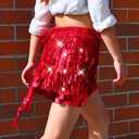 CLOACE Sequin Skirt Sparkly Belly Dance Hip Scarf Fringe Skirts for Women (Red)