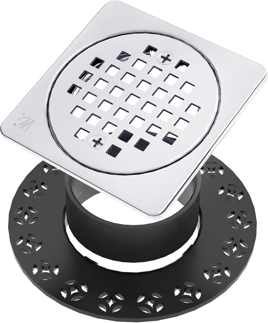 4” Drain Grate Kit - Compatible with Schluter Kerdi-Drain Flange - Floor Drain Kit with Adjustable Collar - Removable Square Drain - SUS 304 Stainless Steel and CUPC Certification - Chrome