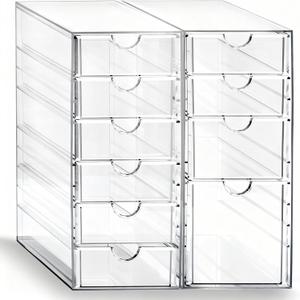 Prsildan Acrylic Drawer Makeup Organizer with 10 Drawers, Set of 2 Office Desk Organizers Accessories, Clear Stackable Storage Drawers for Vanity, Countertop, Craft, Jewelry, Art Supply Organization