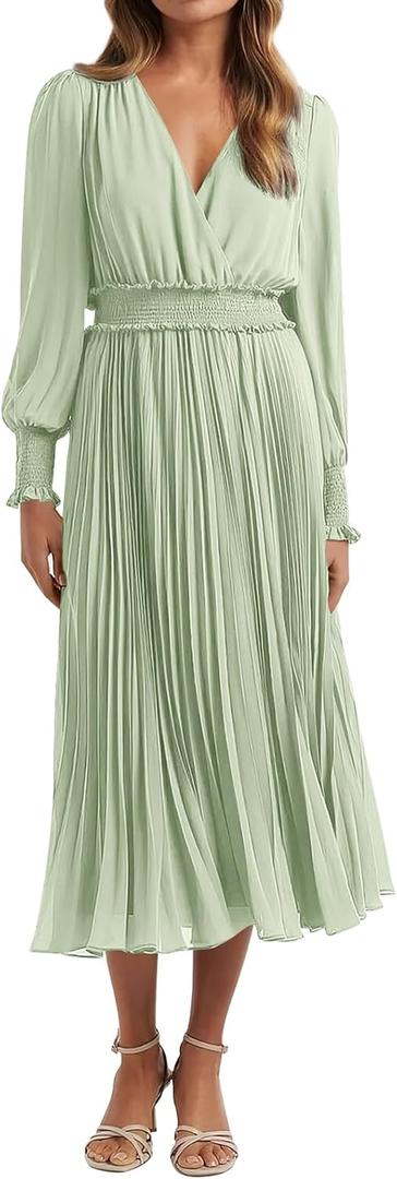 PRETTYGARDEN Womens Wrap V Neck Fall Dresses Wedding Guest Casual Pleated Long Sleeve Midi Dress Ruffle Smocked Long Dress (Small, Light Green)