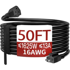 16/3 50 FT Outdoor Extension Cord Waterproof, Weatherproof & Flame Retardant Black 3 Prong Power Cord Outside for Lawn & Garden, 13 Amps 1625 Watts 125 VAC 16AWG SJTW, ETL Listed