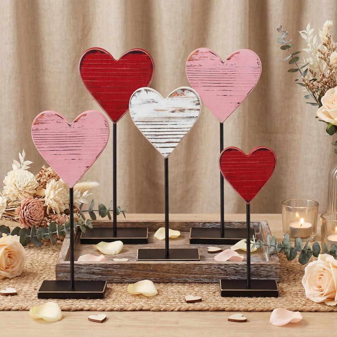 5 Pcs Valentines Wood Tall Standing Block Set, Valentines Cupid Shape Sign Rustic Heart Tabletop Centerpiece Cupid Standing Table Sign for Home Tiered Tray Party Decor(Heart)