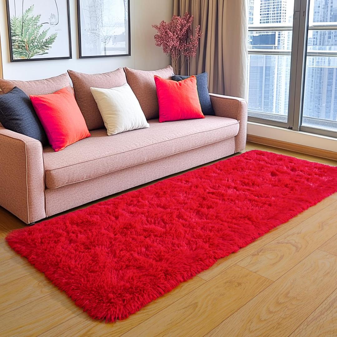 KING DARE Runner Rugs for Bedroom, 2x6 Red Rug for Dorm Girls Room, Fluffy Shaggy Fuzzy Shag Plush Non-Slip Washable Soft Carpet for Bedside Kids Room Indoor Decor