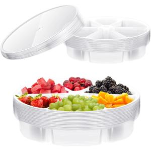 Baderke 10 Pack 10 Inches Round Plastic Serving Tray 6 Sectional Plastic Appetizer Tray with Lid Clear Food Platters Round Platter Container Veggie Fruit Organizer for Party and Buffet (Clear)