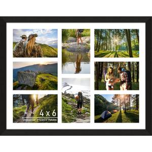 4x6 Photo Collage Frame 8 Openings Wooden, 13.5x17.5 Multi Picture Frame Collage Wall Decor, Black Frame with White Mat, Solid Pine Wood