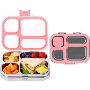 MISS BIG Stainless Steel Bento Box for Kids, 28oz 4 Compartments Lunch Box with Clear Lid and Lidded Sauce Cup, 304 Metal Food Container, BPA-Free, Dishwasher Safe for SchoolPink