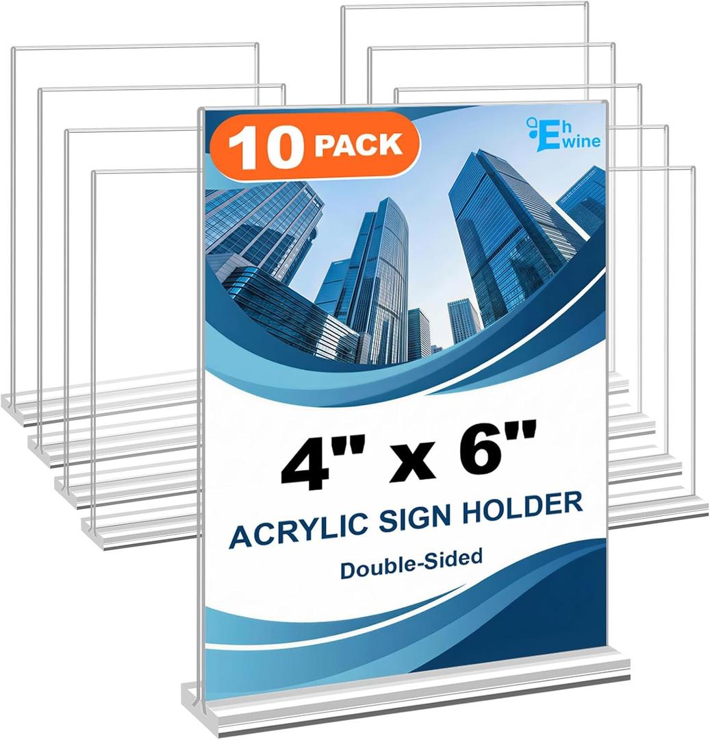 EHWINE 10 Pack Acrylic Sign Holder 4x6, Double-Sided Stand up Table Top Sign Holders, Clear Acrylic Picture Frame Paper Holder Display Stand for Office Business Store Wedding Party