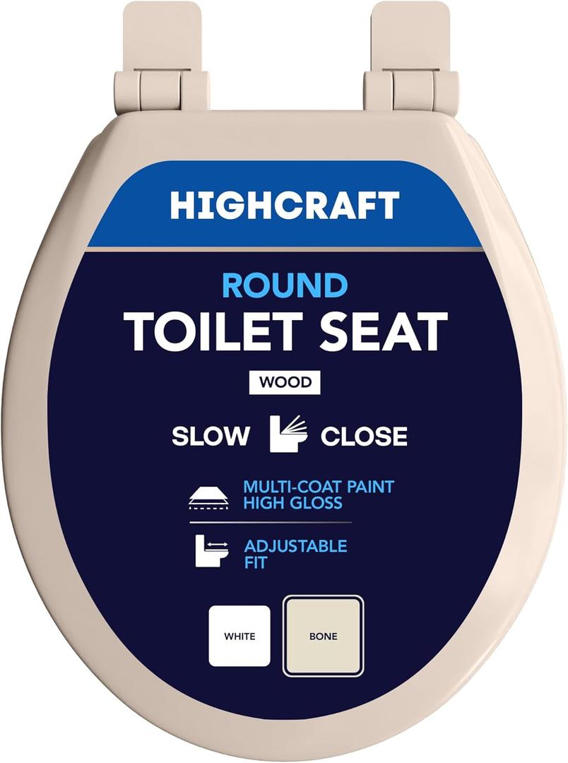 HIGHCRAFT Premium Round Toilet Seat with Slow-Close Design & Adjustable Hinges - Molded Wood Toilet Seat - Fits Standard Round Toilets - Round Seat in Bone/Beige