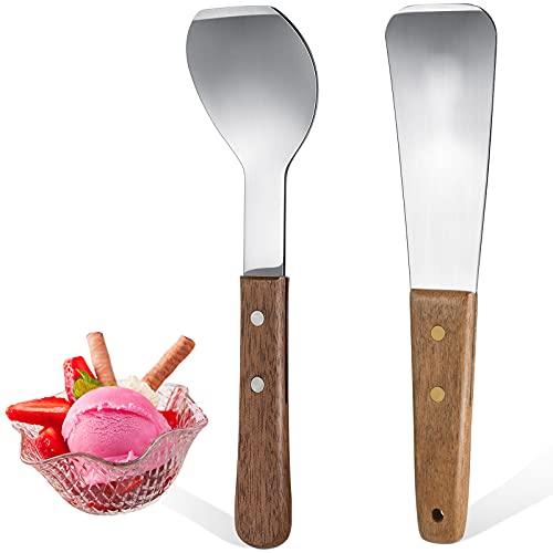 Patelai 2 Pcs Ice Cream Scoop Stainless Steel Ice Cream Shovel with Wooden Handle Dessert Spade Butter Cutter Flat Metal Spade for Dining Kitchen Utensil Home Commercial