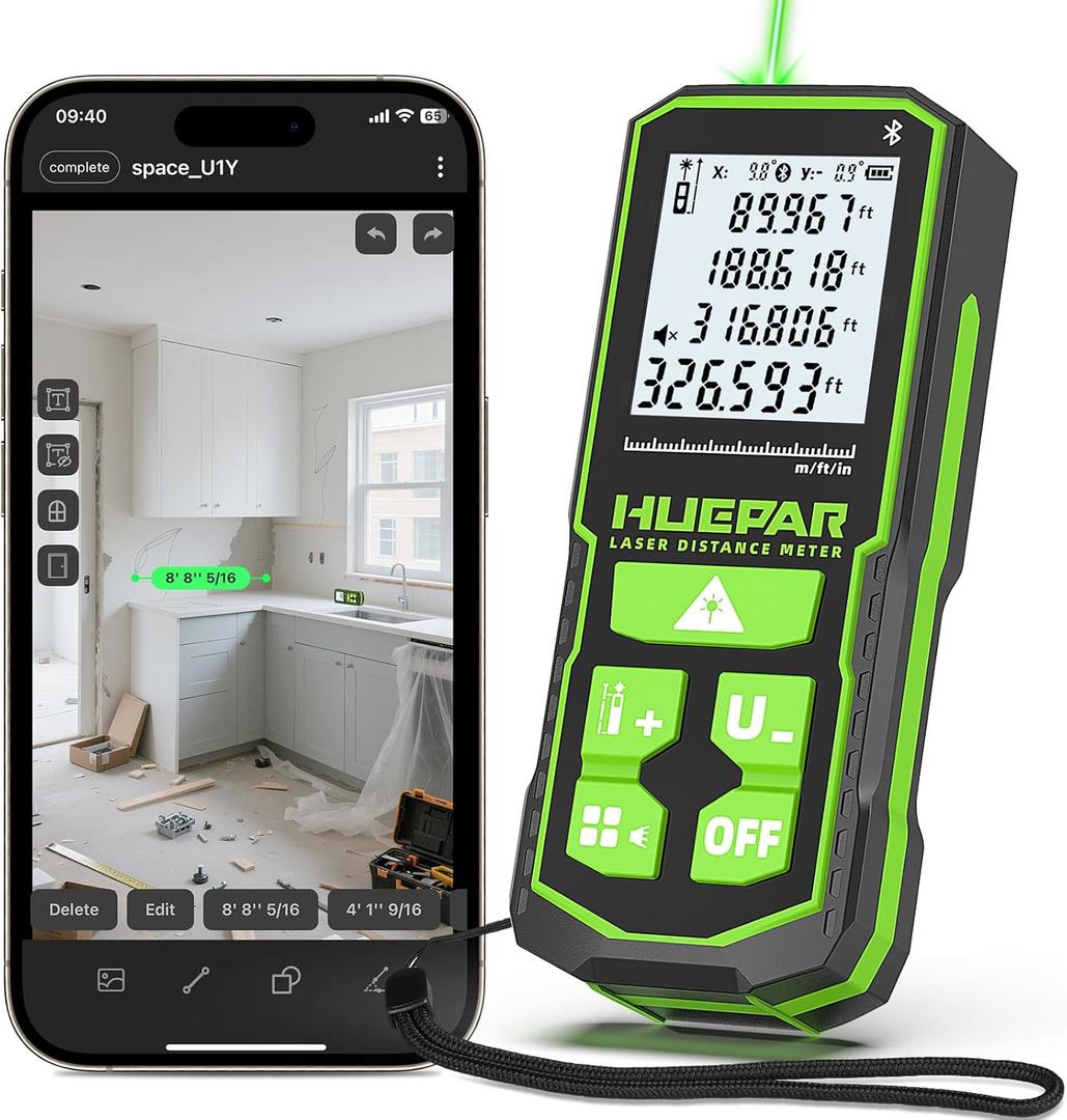Huepar 330Ft Green Laser Measurement Tool with APP Control, Rechargeable Bluetooth Distance Meter 1/16" High Accuracy, Angle Sensor, Multiple Modes, IP54 Waterproof Durable for Home & Construction