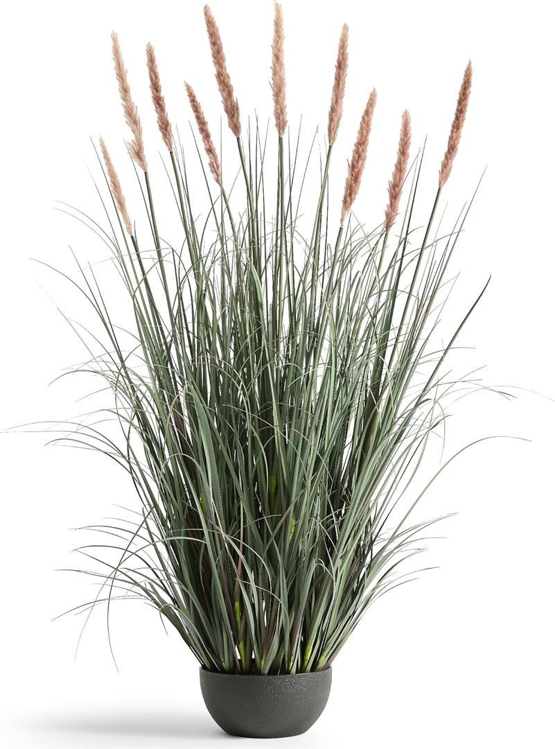 4ft Onion Grass, Artificial Plant and Greenery, Fake Floor Plants Indoor Outdoor, 48in Faux Horsetail Reed Grass with 10 Pink Flower Crowns, Potted, House Decorative