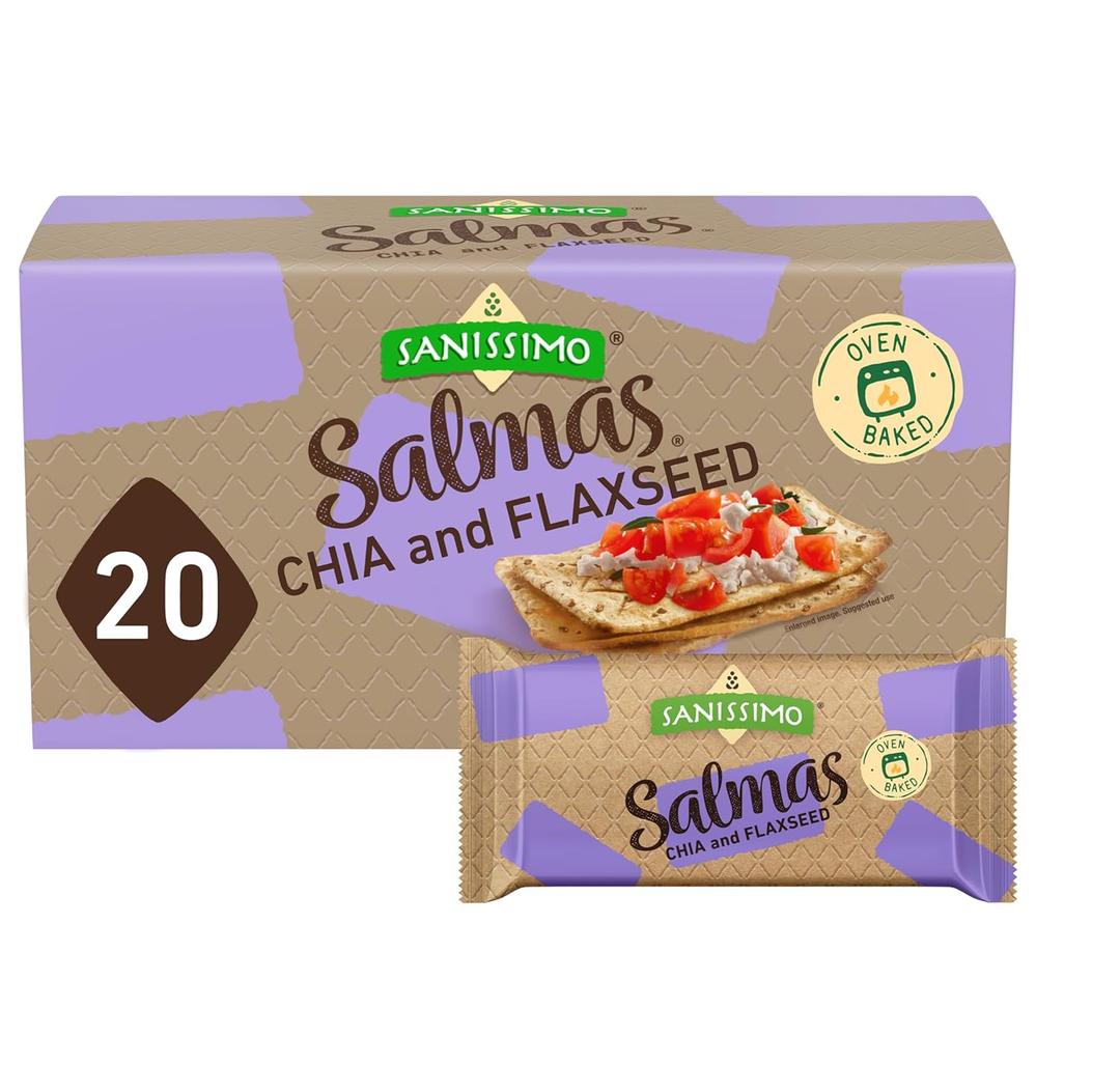 Sanissimo Salmas Chia & Flaxseed, 20 Packs of 3 Crackers, Oven Baked Corn Crackers, Gluten Free, Non-GMO, Kosher Certified, BBD: 04/19/26