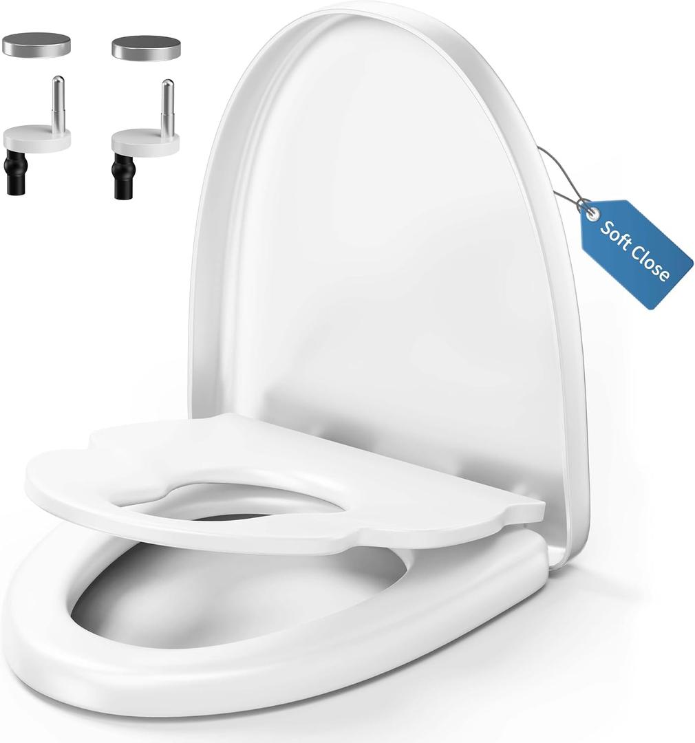 Family Toilet Seat with Soft Close, White Toilet Lid with Adjustable Hinges, with Built-in Child Seat 2-in-1, Easy Installation and Easy to Clean (Elongated with Toddler Seat)