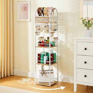 DGWJSU Jewelry Organizer Stand, 360 Rotating Floor Jewelry Holder with Earring Organizer Necklace Holder, 3 Floors Large Jewelry Stand Bracelet Ring Organizer, Women Jewelry Tree Organizer