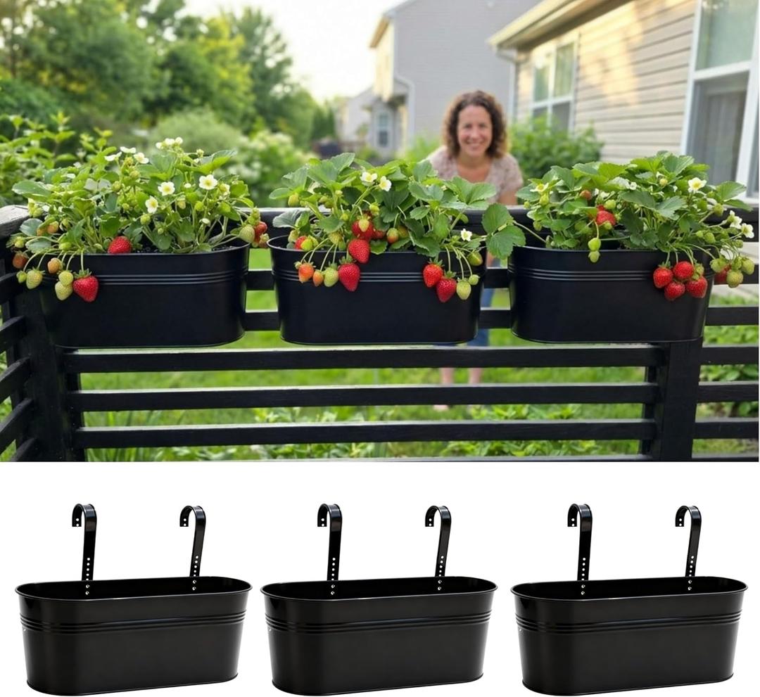 LaLaGreen Rail Planter (17 Inch, 3 Pack) Black Fence Garden Decorations Style Railing Flower Boxes Patio Decor Apartment Balcony Outdoor Hanging Metal Plants Planters Pots Holder Hooks