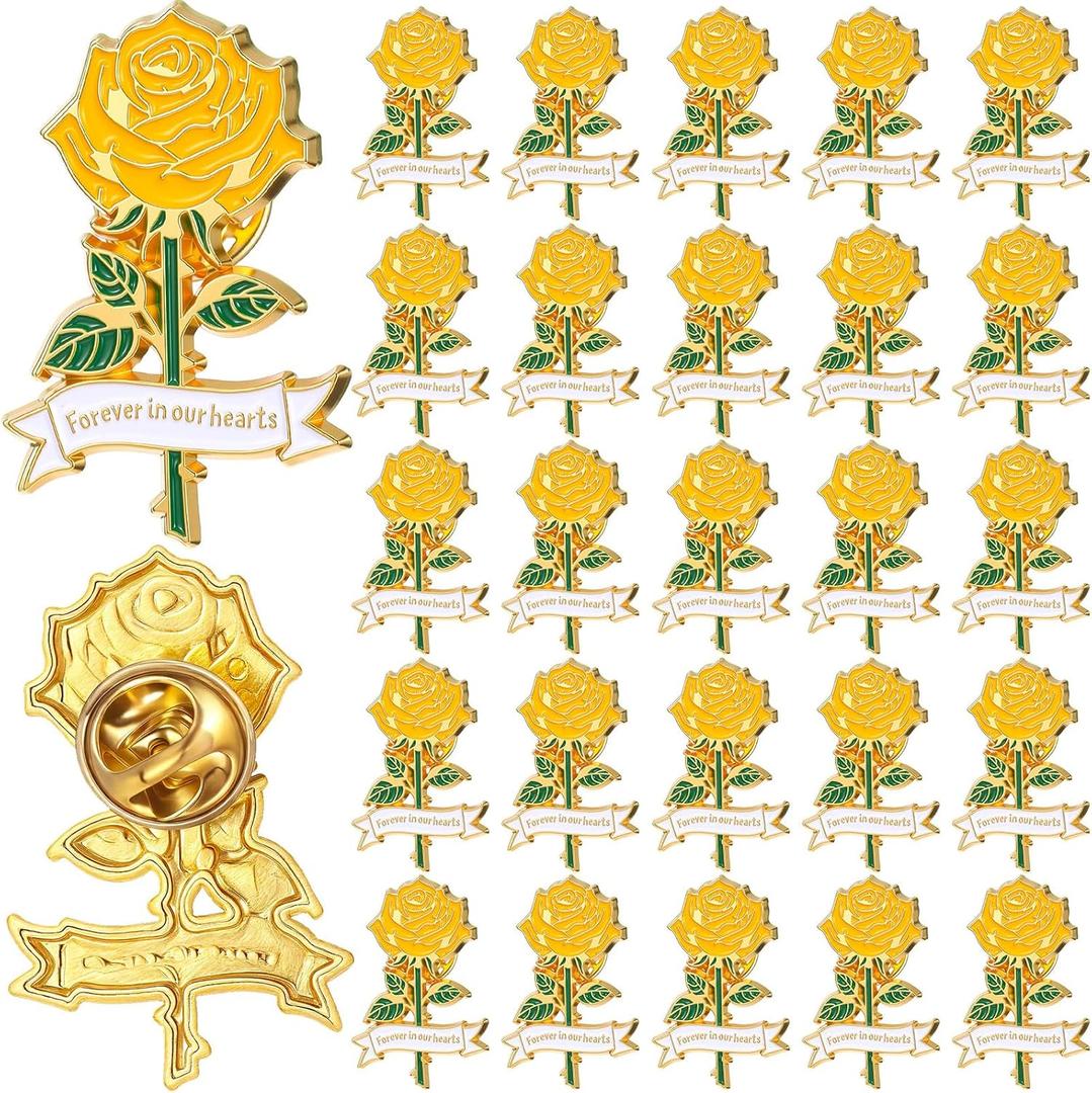 Misdary Funeral Favors for Guest Memorial Rose Pin Life Celebration Enamel Lapel Pin for Religious Christian Mourning Remembrance Day (Yellow)