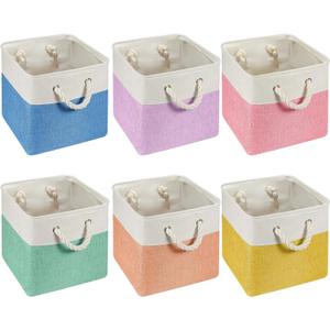 6 Pcs 11 x 11 Inch Cube Storage Bins Fabric Storage Organizer Bins Foldable Cube Baskets with Sturdy Carry Handles Wicker Baskets for Home(Macaron Color)