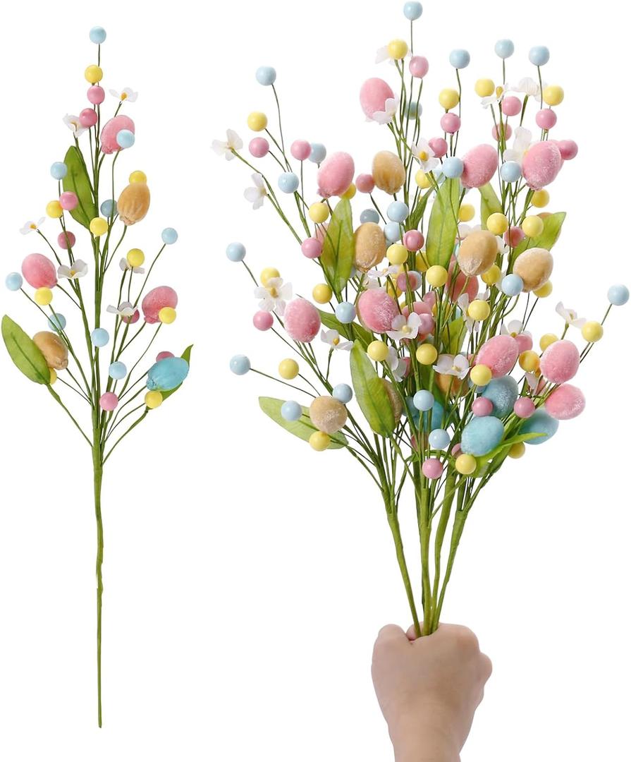 RoseCraft Artificial Easter Flower, 5 Pcs Easter Colorful Egg Berries Decorations, Spring Flower Stems Egg Twig Branches, for Home Party Vase Flower Arrangement Centerpiece Decor.