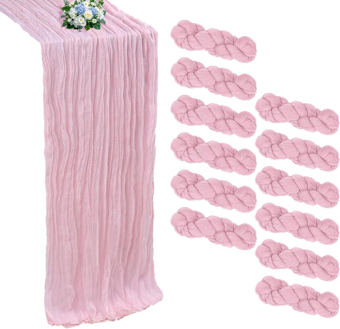 12 Pack Pink Cheesecloth Table Runner 10FT Boho Cheese Cloths Gauze Fabric Table Runners 120 Inch Rustic Sheer for Spring Wedding Birthday Party Baby Shower Holiday Home