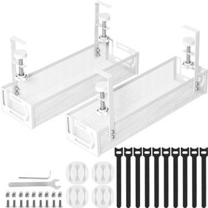 Cable Management, 2 Pack Cable Management Under Desk No Drill, Metal Cord Organizer with Clamp for Standing Desk, Cable Organizer for Home Office, White (15.3''+15.7'' (2 Pack))