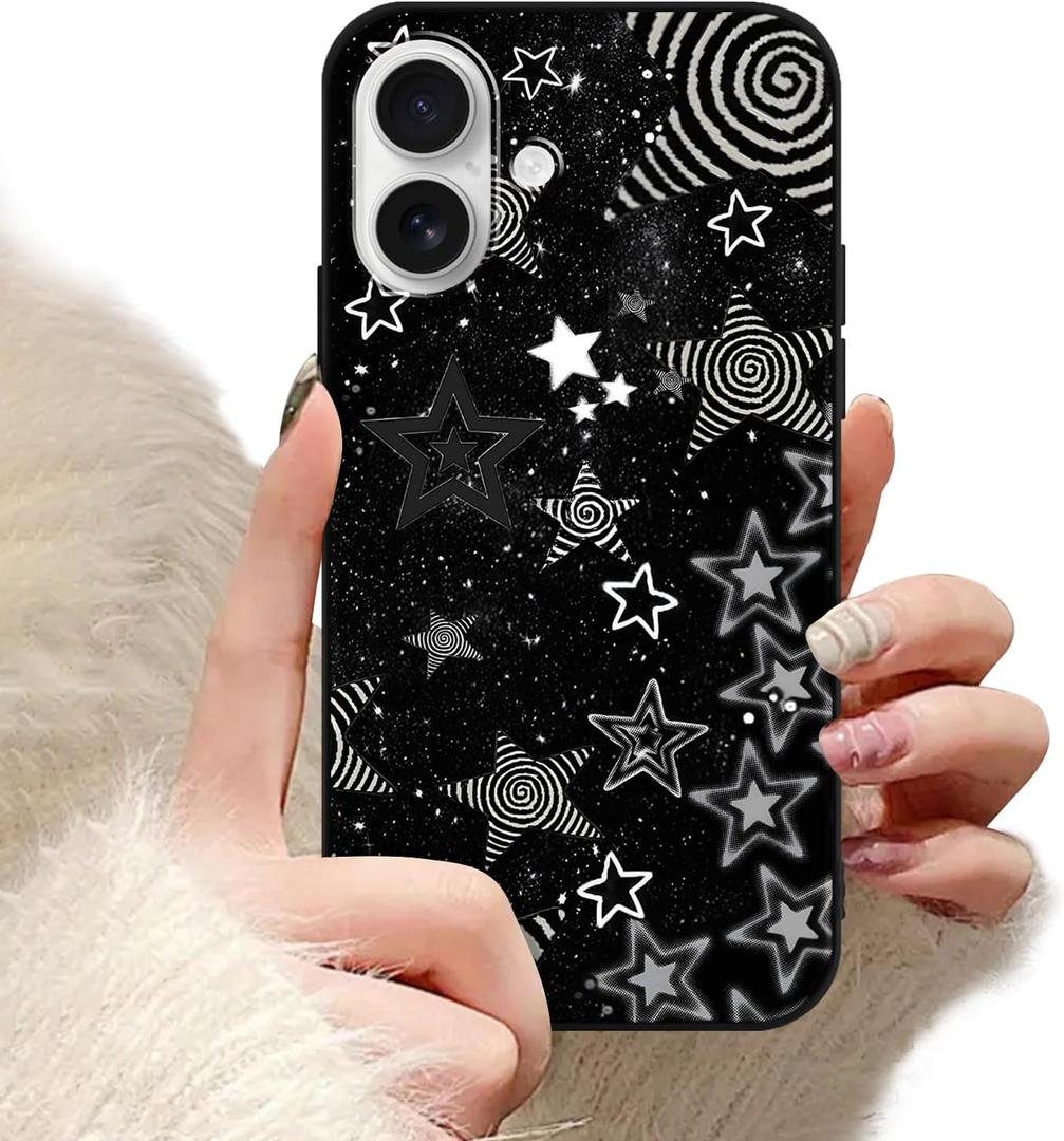 for iPhone 16 6.1'' Cute Cool Black Star Phone Case, Aesthetic Trendy Y2K Stars Silicone Matte Pattern Design Phone Cover Soft Slim Frame TPU Protective Shockproof Case for Women Girls