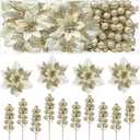 Alupssuc 24 Pieces Christmas Tree Decorations, 12 PCS Champagne Gold Poinsettia Flowers Artificial and 12 PCS Christmas Tree Picks for Christmas Decorations Party Wreath Fireplace, Champagne Gold