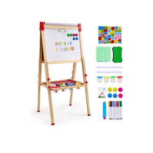 VEVOR Art Easel for Kids, 3-in-1 Wooden Double-Sided Kid's Art Easel with Magnetic Whiteboard, Chalkboard & Paper Roll, Adjustable Standing Drawing Board with Painting Accessories for Boys and Girls