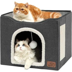 Bedsure Cat Beds for Indoor Cats - Large Cat Cave for Pet Cat House with Fluffy Ball Hanging and Scratch Pad, Foldable Cat Hideaway, 16.5x16.5x13 inches, Dark Grey (Single)