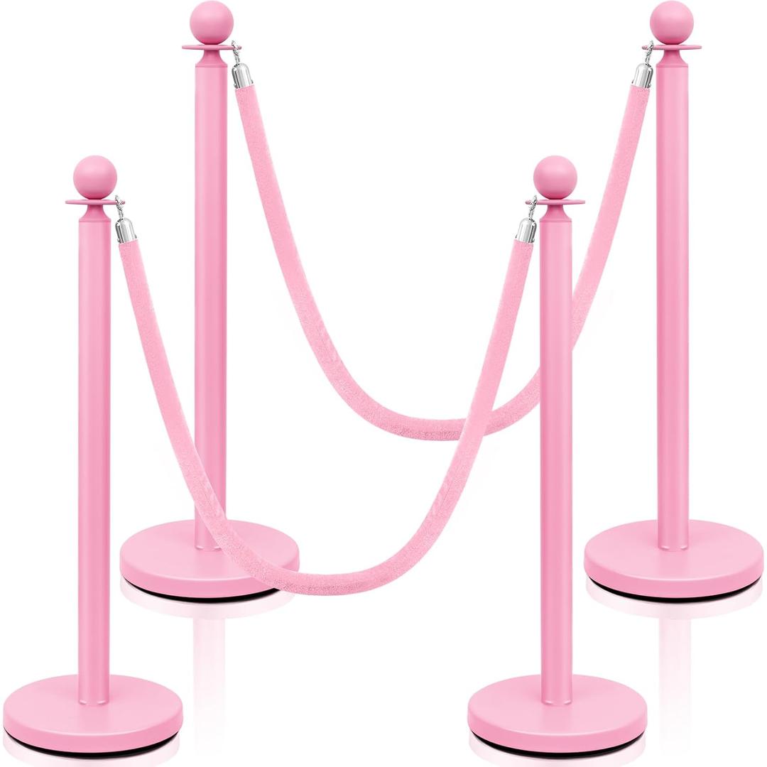 Ferraycle Stainless Steel Stanchions Post Queue, 5 ft Velvet Rope Carpet Ropes and Poles, Control Barriers for Wedding Birthday Party Decorations Sand Injection Hollow Base Set(4 Pcs,Pink,38 Inch)