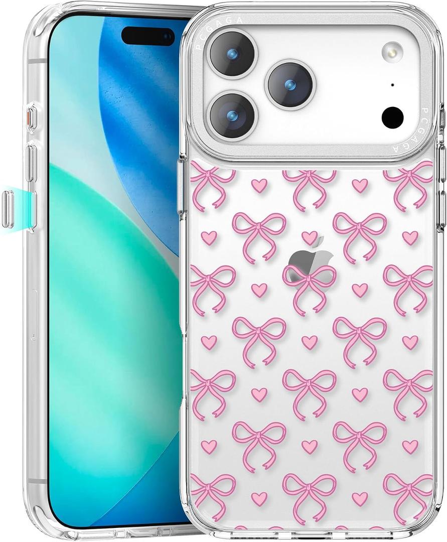 pcgaga Aesthetic Phone Case for iPhone 17 Pro Max 6.9" with Embossed Patterned Hard Clear Back Cover,Slim TPU Bumper,Camera Frame -360°Shockproof Full Protection, Pink Bow