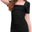 OBEEII Girls Square Neck Short Sleeve Ruched Bodycon Mini Dress Kids Mesh Short Tight Birthday Party Dance Dresses, 8-9 Years, Black